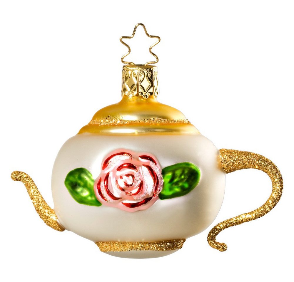 INGE-GLAS® Christbaumschmuck, Christbaumschmuck Teekanne 6,5cm Glas Figur Weiß / Gold von INGE-GLAS®