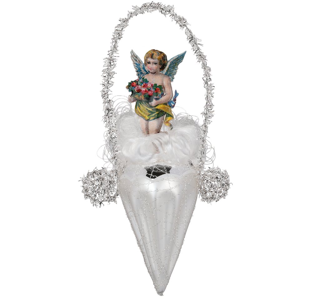 INGE-GLAS® Christbaumschmuck Eiszapfen mit Engelsoblate, silber matt 15cm (1-tlg), mundgeblasen von INGE-GLAS®