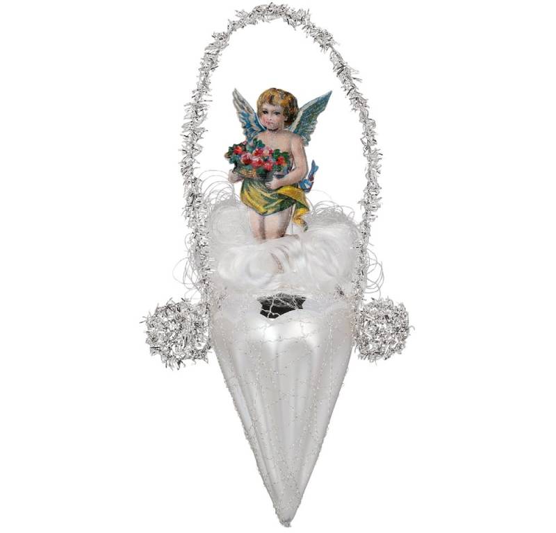 INGE-GLAS® Christbaumschmuck Eiszapfen mit Engelsoblate, silber matt 15cm (1-tlg), mundgeblasen von INGE-GLAS®