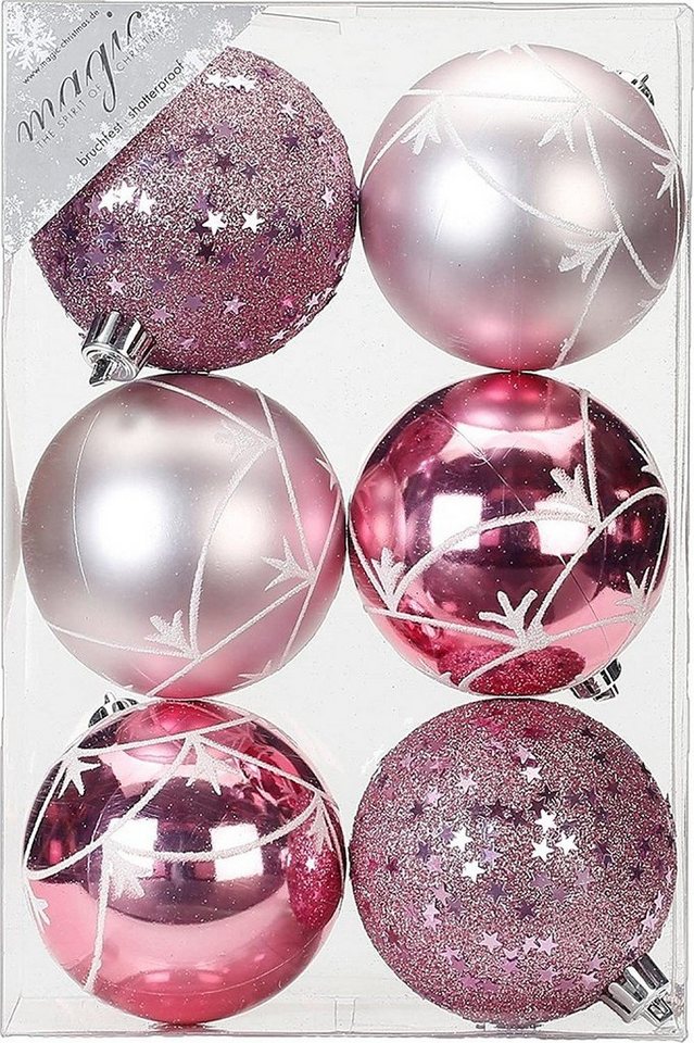 INGE-GLAS® Christbaumschmuck Inge's Weihnachtskugeln 6 Stück 8 cm Rosa, Kunststoff, bruchfest, Baumdekoration, Baumschmuck, Weihnachtsdekoration von INGE-GLAS®