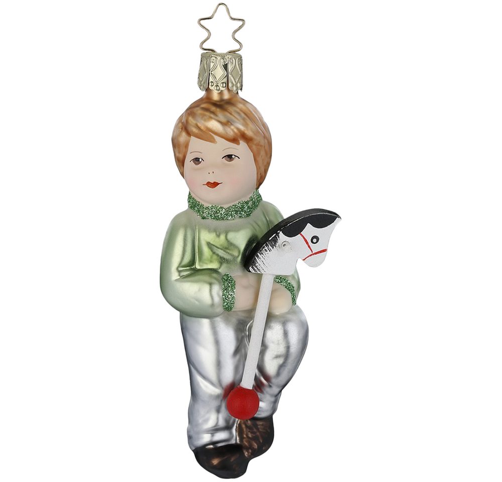 INGE-GLAS® Christbaumschmuck Junge mit Steckenpferd, Hopp, Hopp, Hopp 12cm (1-tlg), mundgeblasen, handbemalt von INGE-GLAS®