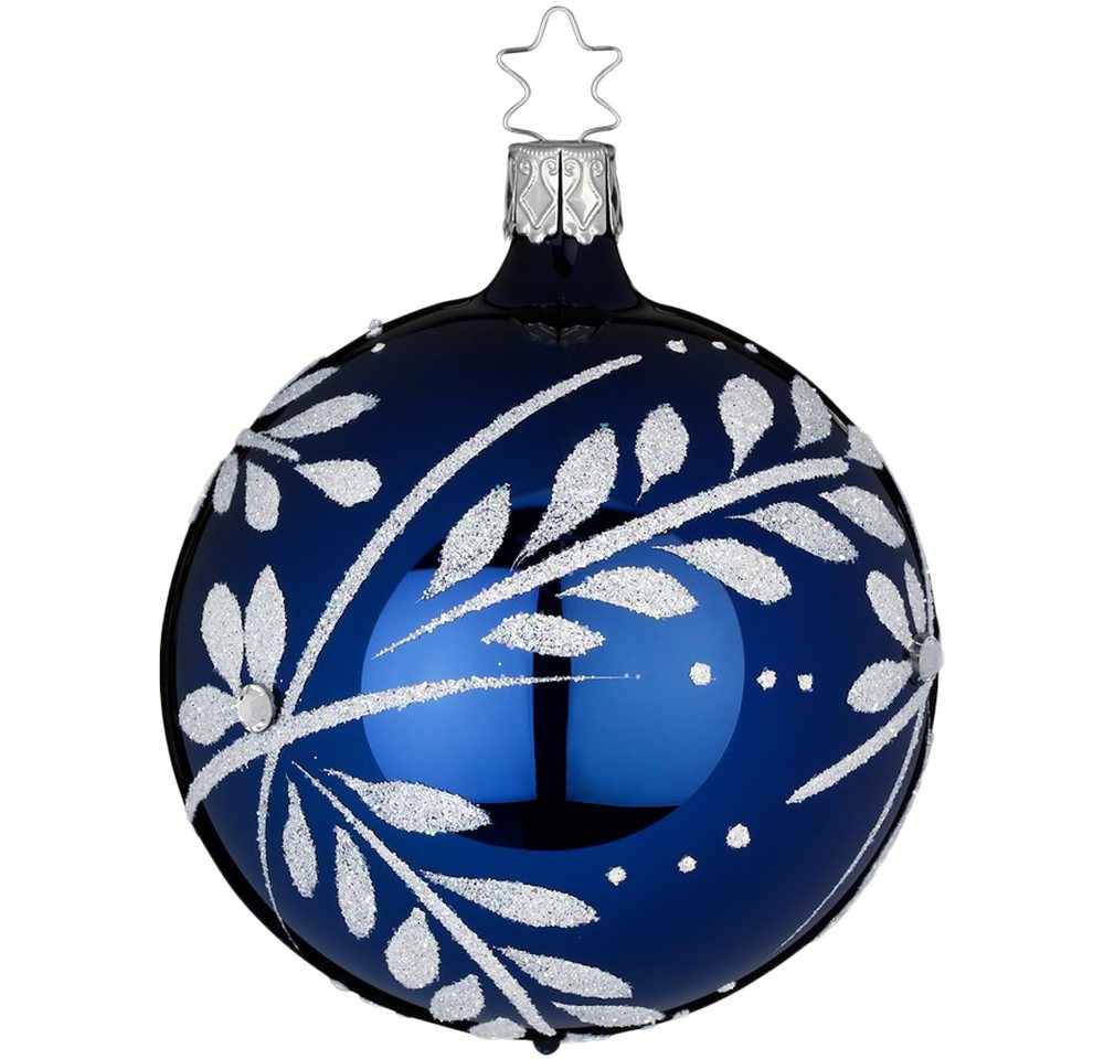 INGE-GLAS® Weihnachtsbaumkugel Christbaumkugel Blätterfunkeln Mitternachtsblau glänzend Ø 8cm (1 St), mundgeblasen, handbemalt von INGE-GLAS®