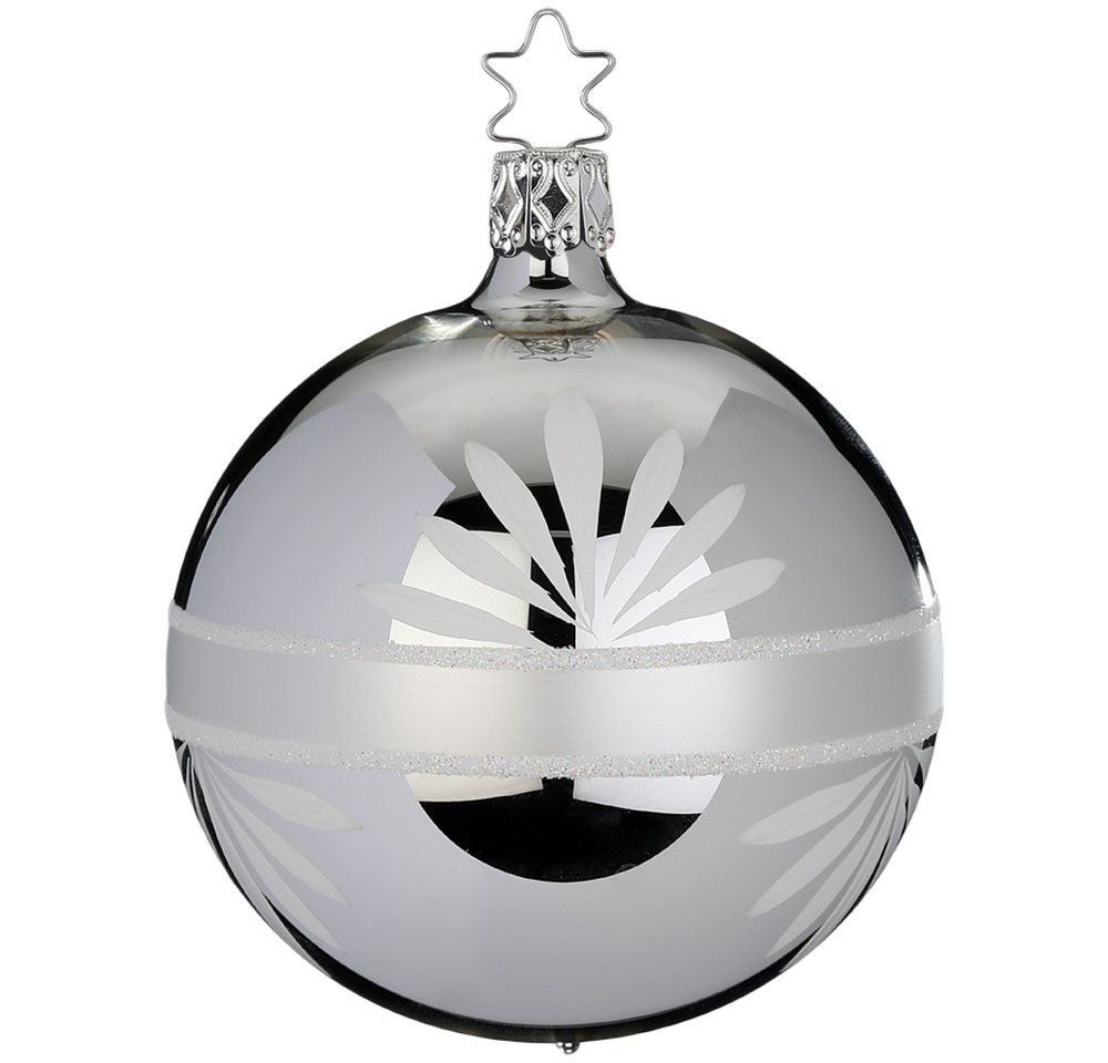 INGE-GLAS® Weihnachtsbaumkugel Christbaumkugel Ø 8cm Blütenbordüre silber glänzend (1 St), mundgeblasen, handbemalt von INGE-GLAS®