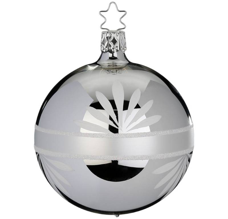INGE-GLAS® Weihnachtsbaumkugel Christbaumkugel Ø 8cm Blütenbordüre silber glänzend (1 St), mundgeblasen, handbemalt von INGE-GLAS®