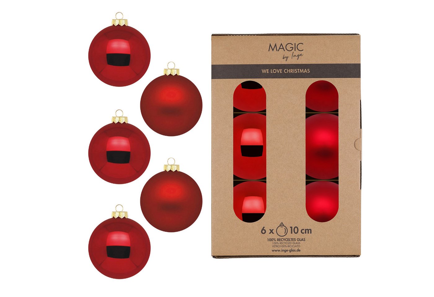 INGE-GLAS® Weihnachtsbaumkugel Christbaumkugeln Weihnachtskugeln Glas Ø10cm 6Stk dunkelrot glanz matt von INGE-GLAS®