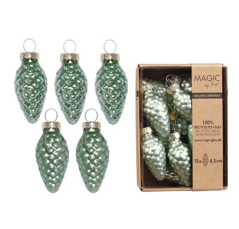 INGE-GLAS® Weihnachtsbaumkugel Christbaumschmuck Zapfen Glas H 4,5 cm 12 Stück grün matt/glänzend von INGE-GLAS®