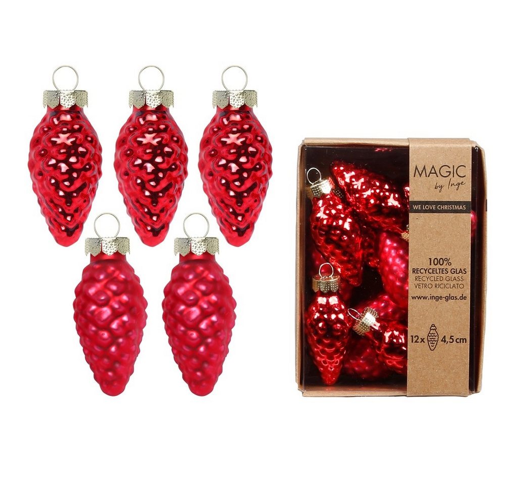 INGE-GLAS® Weihnachtsbaumkugel Christbaumschmuck Zapfen Glas H 4,5 cm 12 Stück rot matt/glänzend von INGE-GLAS®