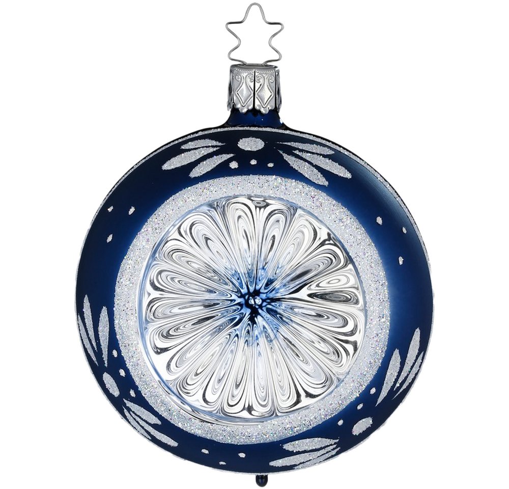 INGE-GLAS® Weihnachtsbaumkugel Reflex Christbaumkugel Blütenglanz Mitternachtsblau glänzend Ø 8cm (1 St), mundgeblasen, handbemalt von INGE-GLAS®