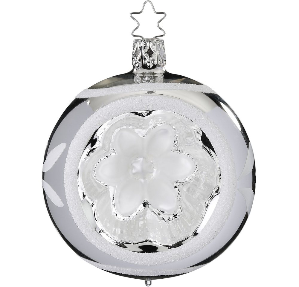 INGE-GLAS® Weihnachtsbaumkugel Reflexkugel Blume silber (1 St), mundgeblasen, handbemalt von INGE-GLAS®