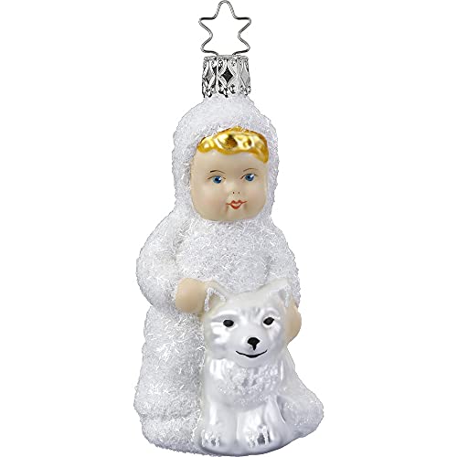 Christbaumschmuck Glas 10.5cm Schneekind mit Hund mundgeblasen handbemalt Weihnachtskugeln weiß von INGE-Glas Manufaktur