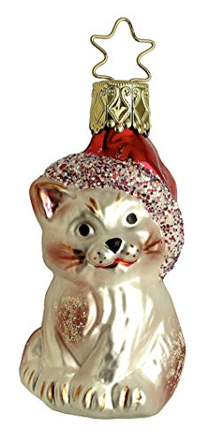 Christbaumschmuck Glas 7cm Katze mit Weihnachtsmütze mundgeblasen handbemalt Weihnachtskugeln beige von INGE-Glas Manufaktur