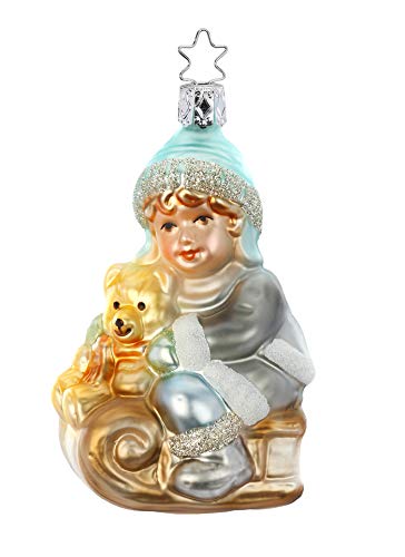Christbaumschmuck Glas 11cm Kind und Teddy Schlitten mundgeblasen handbemalt Weihnachtskugeln bunt von INGE-Glas Manufaktur