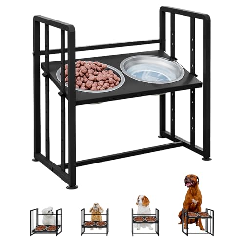 Erhöhte Hundenäpfe 4 Höhenverstellbar Metall Tierfutter Futterständer mit 2 Edelstahlnapf Erhöhte Hunde Futterstation mit Anti-Rutsch-Matten Schwarz (Schwarz, Ohne Futtermatte) von INGIORDAR