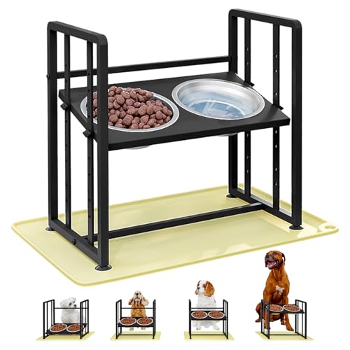 Erhöhte Hundenäpfe 4 Höhenverstellbar Metall Tierfutter Futterständer mit 2 Edelstahlnapf Erhöhte Hunde Futterstation mit Anti-Rutsch-Matten Schwarz (Schwarz, mit Futtermatte) von INGIORDAR
