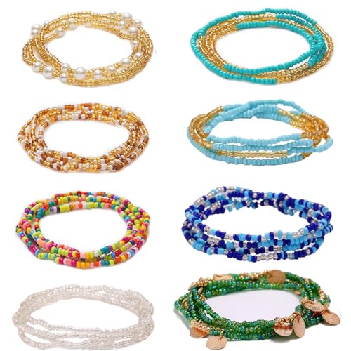 INGJIA 8Stücke Elastische Taille Perlenketten Bunte Bauchperlen Bunte Perlenkette Geschichtet Perlen Körperschmuck Strass Bauchketten Afrikanische Taille Perlen für Frauen Mädchen von INGJIA