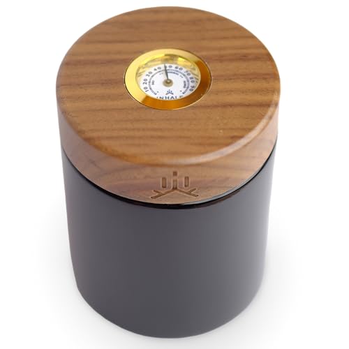 Infinity Jar – UV-geschütztes Glasgefäß mit Hygrometer, Walnussholzdeckel & gratis Feuchtigkeitspad – Geruchsdichtes Aufbewahrungsglas für Cannabis & getrocknete Kräuter von INHALE