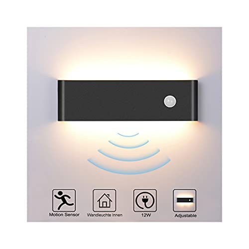 INHDBOX Wandleuchte Innen, Wandleuchte Bewegungsmelder Innen 12W Warmweiß, LED Wandlampe Innen Up and Down Aluminium Innenleuchte Wandbeleuchtung für Wohnzimmer Schlafzimmer Flur Treppe, Schwarz… von INHDBOX