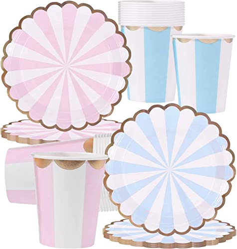 INHEMING 40 Stück Pappeteller und Becher Set Pastellfarben,Papier Pappteller Pappbecher Set,Pastell Blau und Pastell Rosa,für Geburtstagsgeschenk, Kindergeburtstag, Party Deko, Baby Shower von INHEMING