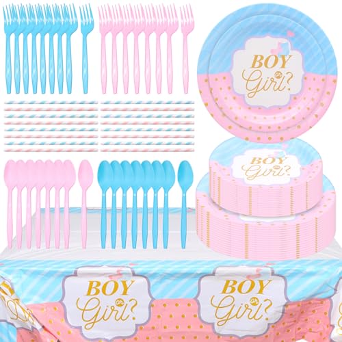 INHEMING 81 Stück Blau und Rosa Party Geschlecht Enthüllen Party Geschirr Set für Baby Dusche Mädchen oder Jungen 16 Gäste von INHEMING