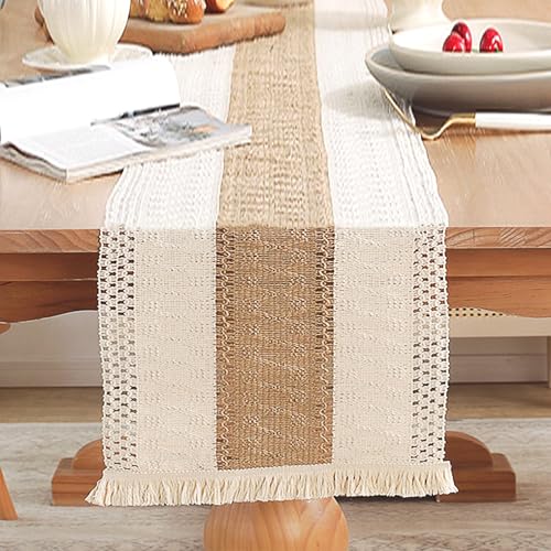 INHEMING Makramee Tischläufer mit Quasten,Beige Tischläufer in Baumwolle,Boho Style, Elegante Hohle Mesh Tischdecke,Landhausstil Table Runner Tabletop Dekor für Esstisch Hochzeit Dekor, 30 x 120 cm von INHEMING