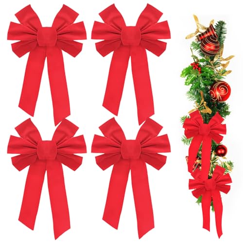 INHEMING 4pcs Weihnachtsschleifen aus rotem Samt, Weihnachtsbaum Bowknot Dekor,Weihnachtsbaumschleife Weihnachtskranz Schleife für Weihnachtsbaum Kamin Haustür 40 * 25cm von INHEMING