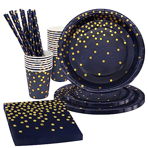 Marineblaugold Partygeschirr Set ,80 Stück Einweggeschirr Papier Set,Dunkelblau Pappteller Pappbecher Strohhalm Servietten für Partys, Geburtstags, Hochzeitsfest, Jubiläen, Abschlussfeier(20 Gäste) von INHEMING