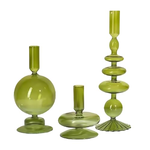 INIFLM 3 Stück Glas-Kerzenhalter, Klare Glas-Kerzenhalter für Tischdekoration, Gewellte Glas-Kerzenhalter, Elegante Glas-Kerzenständer-Glasvasen(Grün) von INIFLM