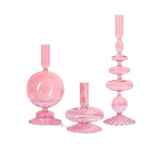 INIFLM 3 Stück Glas-Kerzenhalter, Klare Glas-Kerzenhalter für Tischdekoration, Gewellte Glas-Kerzenhalter, Elegante Glas-Kerzenständer-Glasvasen(Rosa) von INIFLM