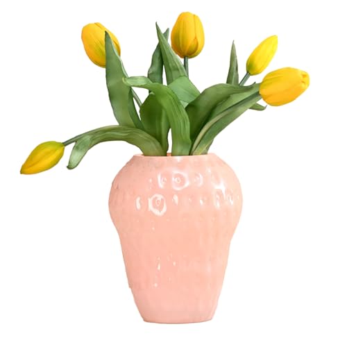 INIFLM Erdbeer-Dekor, Niedliche Dekorative Glasvase, Vintage-inspirierte Keramik-Blumenvase, Obst-Erdbeer-Blumenarrangement, Glas-Blumenvase, Obst-Erdbeer-Vase(Großes Rosa) von INIFLM