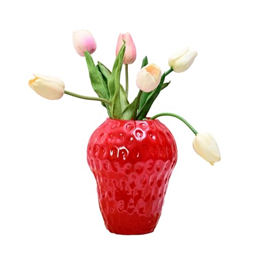 INIFLM Erdbeer-Dekor, Niedliche Dekorative Glasvase, Vintage-inspirierte Keramik-Blumenvase, Obst-Erdbeer-Blumenarrangement, Glas-Blumenvase, Obst-Erdbeer-Vase(Großes Rot) von INIFLM