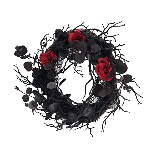 INIFLM Halloween-Kranz, Schwarze Kränze mit Rose, Künstliche Zweige mit Roter Blumen-Türkranz-Girlande, Halloween-Kranz für Haustür-Wand-Halloween-Dekorationen. von INIFLM