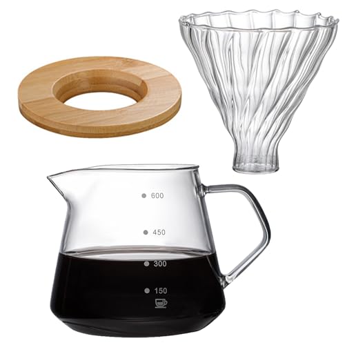 Iniflm 300 Ml/600 Ml Pour-Over-Kaffeebereiter-Set, Glas-Pour-Over-Kaffeekaraffe, Filter-Sharing-Topf, Glas-Kaffeekaraffe mit Modernem Holzkragen, für Den Haushalt, Kaffeekanne Zum Übergießen(#2) von INIFLM