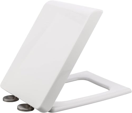 Geräuschlos schließender Toilettendeckel Verdickter quadratischer Toilettensitz mit Scharnieren in gebürsteter Oberfläche, universell weiß, Einzelpackung von ININOSNP