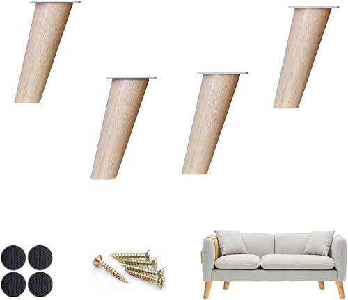 ININOSNP 4X Massivholz-Sofafüße, abgewinkelte, konische Couchtischfüße, Ersatzmöbelfüße, Bettfüße, Rohholzfarbe, mit Montageplatte und Schrauben (Color : Clear, Size : 12.2cm) von ININOSNP
