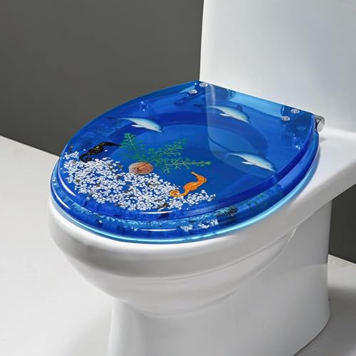 ININOSNP Geräuschlos schließender Toilettendeckel 14,2 x 16,5 Zoll Toilettensitz aus durchsichtigem Harz – Soft-Close-Design, rund(Blu) von ININOSNP