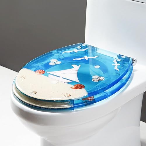 ININOSNP Geräuschlos schließender Toilettendeckel 14,2 x 16,5 Zoll Toilettensitz aus durchsichtigem Harz – Soft-Close-Design, rund(Sailboat) von ININOSNP