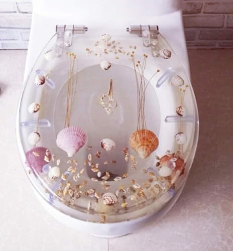 ININOSNP Geräuschlos schließender Toilettendeckel 3D-Toilettensitzbezug aus Kunstharz, eingelegt mit echten Blumenmuscheln und Sandkörnern von ININOSNP
