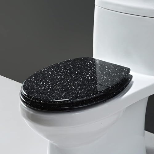 ININOSNP Geräuschlos schließender Toilettendeckel Harz Glitzer Toilettensitzring Soft-Close Rund(Black) von ININOSNP