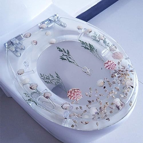 ININOSNP Geräuschlos schließender Toilettendeckel Toilettensitz aus Kunstharz mit transparentem Ozean-Motiv – Muscheldesign, sanftes Schließen, rostfreie Scharniere(C) von ININOSNP