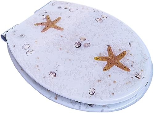 ININOSNP Geräuschlos schließender Toilettendeckel Toilettensitz aus Kunstharz mit transparentem Ozean-Motiv – Muscheldesign, sanftes Schließen, rostfreie Scharniere(D) von ININOSNP