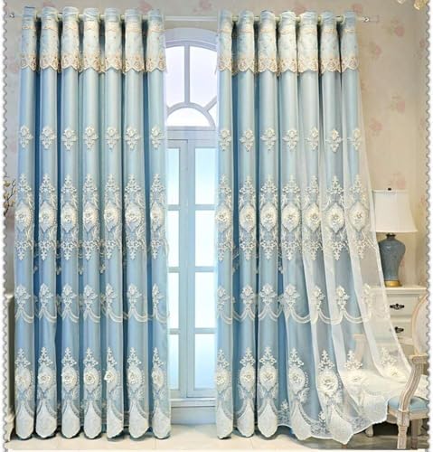 ININOSNP Leicht Mit Spitze bestickte Vorhänge mit durchscheinendem Tüll for das Wohnzimmer.(Blu,W300*H270cm) von ININOSNP