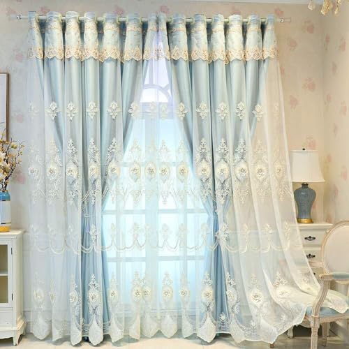 ININOSNP Leicht Mit Spitze bestickte Vorhänge mit durchscheinendem Tüll for das Wohnzimmer.(Blu,W410*H270cm) von ININOSNP