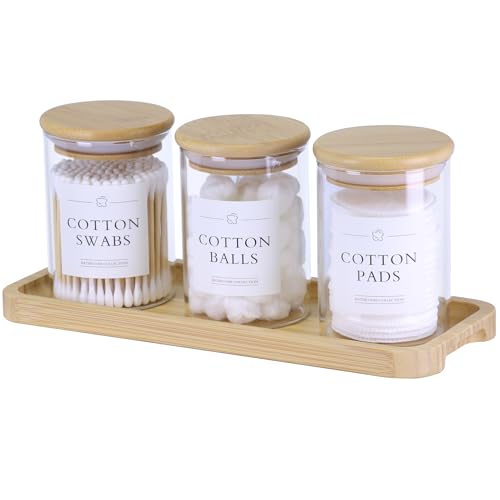 INIUNIK Qtip Halter mit Schminktablett – 3 Stück Apothekergläser aus Glas mit Deckel, Wattestäbchen-Pad, Zahnseide-Pick-Halter, Badezimmer-Organizer, Gläser, Behälter, Behälter, Behälter, Zubehör-Set von INIUNIK