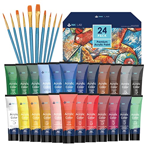 INK LAB Acrylfarben Set 24 x 36 ml, Acrylfarbe mit 10 hochwertige Pinseln, acrylic paints mit hoher Viskosität und starker Deckkraft, Ideal für Leinwand, Holz, Papier, Stoffe, Anfänger und Profi von INK LAB
