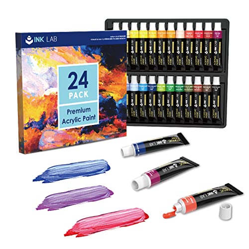 INK LAB Acrylfarben Set 24 x 12 ml, Kompakte Acrylfarbe, Wasserdichte lichtbeständige acrylic paints, Schnelltrocknend mit hoher Pigmentierung für Papier, Leinwand, Ideal für Anfänger und Profis von INK LAB