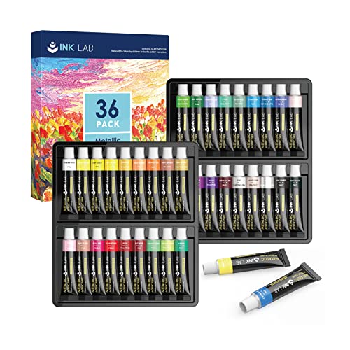 INK LAB Metallic Acrylfarben Set 36 x 12 ml, Metallische Acrylfarbe mit hoher Pigmentierung, Wasserdichte lichtbeständige acrylic paints für Papier, Leinwand, Handwerk, Ideal für Anfänger und Profis von INK LAB