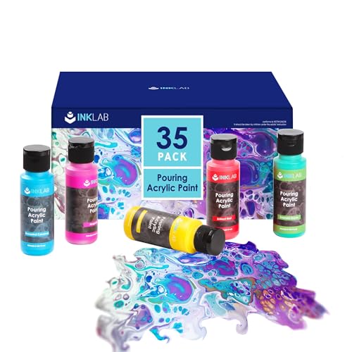 INK LAB Pouring Acrylfarben Set 35 Farben Flüssige Gießfarbe mit Silikonöl 60ml Flaschen Vorgemischte Acrylfarben Pouring für Leinwand Holz Papier Glas Stein Keramik Fliesen von INK LAB