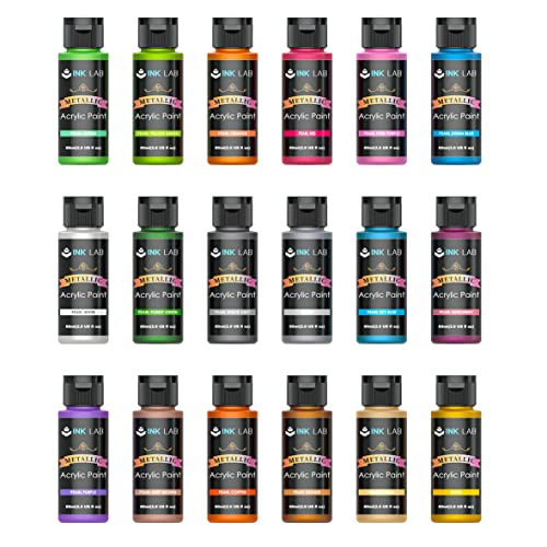 INK LAB Metallic Acrylfarben Set 18 x 60 ml, Wasserdichte lichtbeständige metallic acrylic paints, Schnelltrocknend mit Hochglanz-Effekt für Holz, Leinwand, Keramik, Ideal für Anfänger und Profi von INK LAB