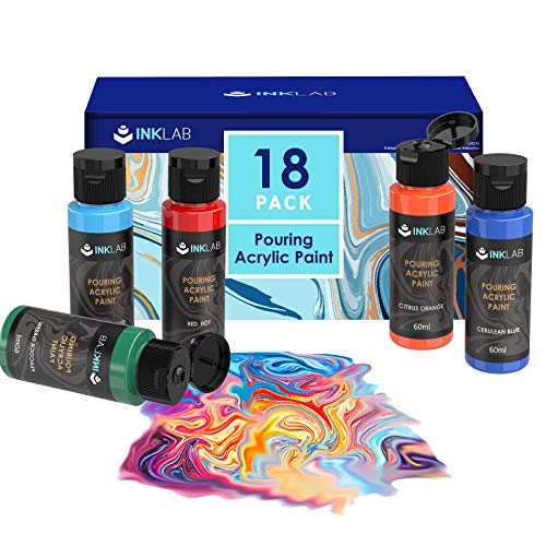 INK LAB Pouring Acrylfarben Set 18 Farben Flüssige Gießfarbe 60ml Flaschen Vorgemischte Acrylfarben Pouring für Leinwand Holz Papier Glas Stein Keramik Fliesen von INK LAB