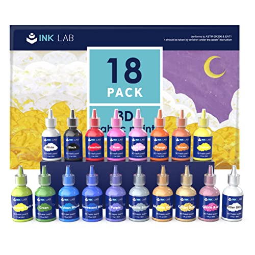 INK LAB Stofffarben Set 18 Farben 3D Wasserfest Textilfarbe Stoffmalfarben mit Pinsel für Kleidung Glas Textil Stoff Leinwand T-Shirts Holz Kinder Erwachsene,30ml/Flasche von INK LAB